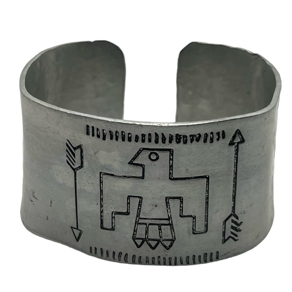 Vintage Silver Tone Tribal Design Bird Arrow Wide Cuff Bracelet